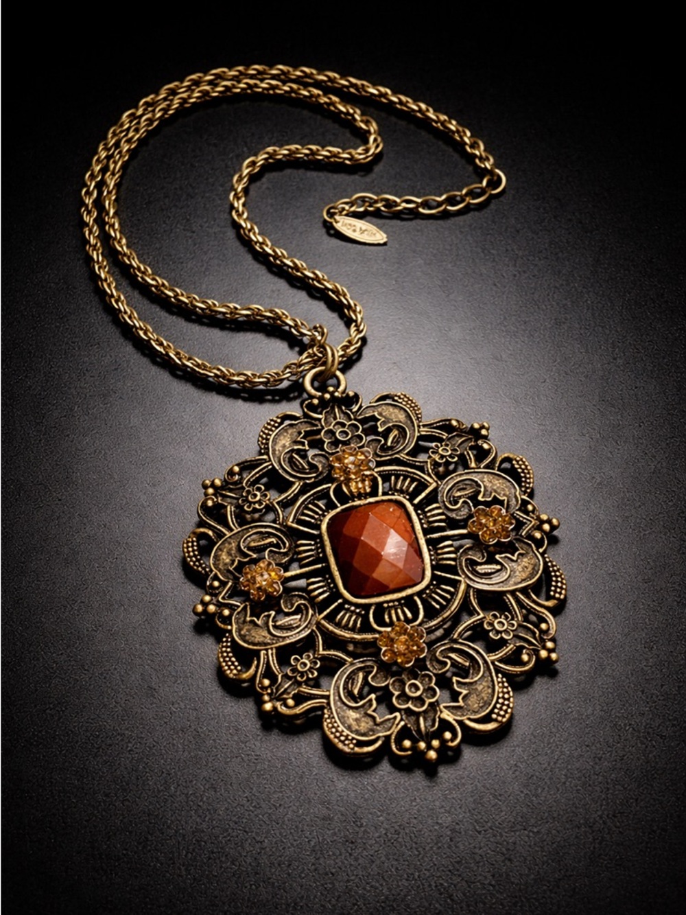 VCLM Statement Necklace Antiqued Gold Tone Large Pendant Boho Vintage Style